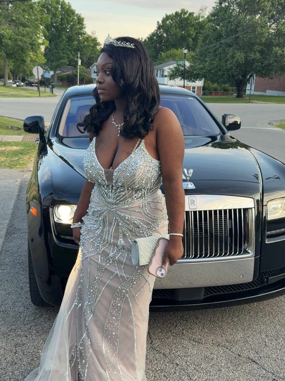Sequined Nude Beaded Prom Gown with Silver Accents
